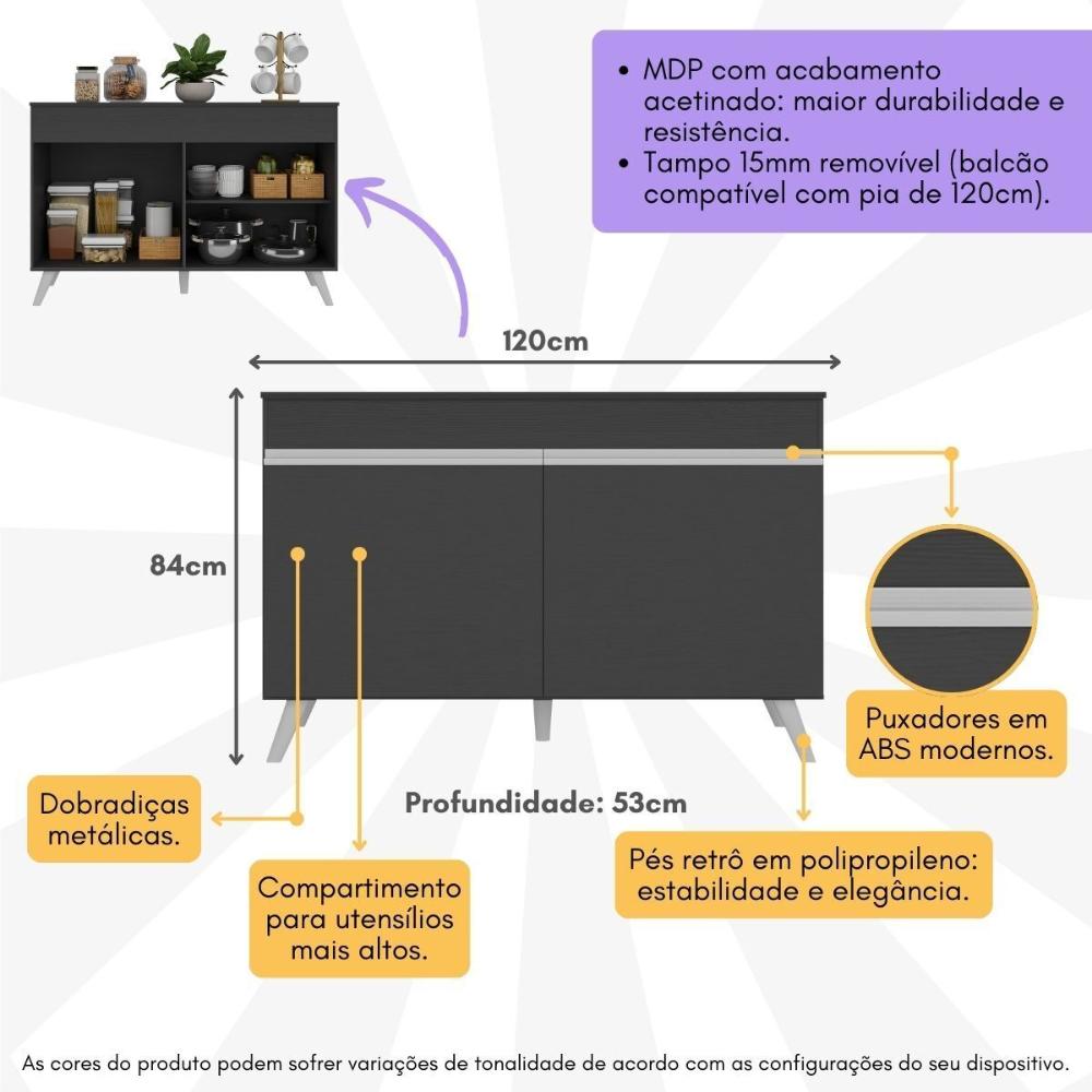 Balcão Cozinha Gabinete Pia 120 cm 2 Portas Veneza Multimóveis MP3738 Preto/Branco
