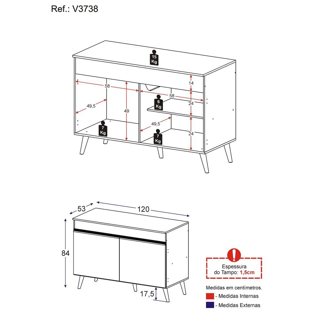 Balcão Cozinha Gabinete Pia 120cm 2 Portas Veneza Multimóveis V3738 Branco/Dourado