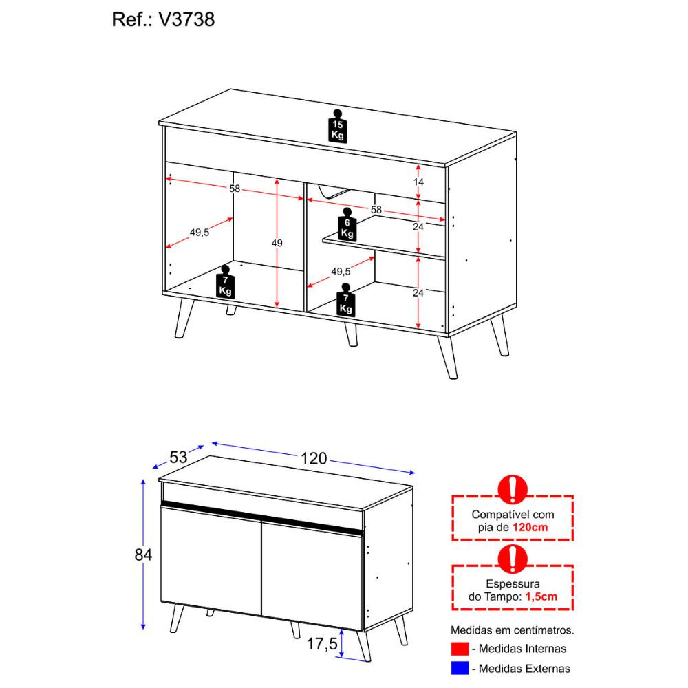 Balcão Cozinha Gabinete Pia 120cm 2 Portas Veneza Multimóveis V3738 Branco/Preto