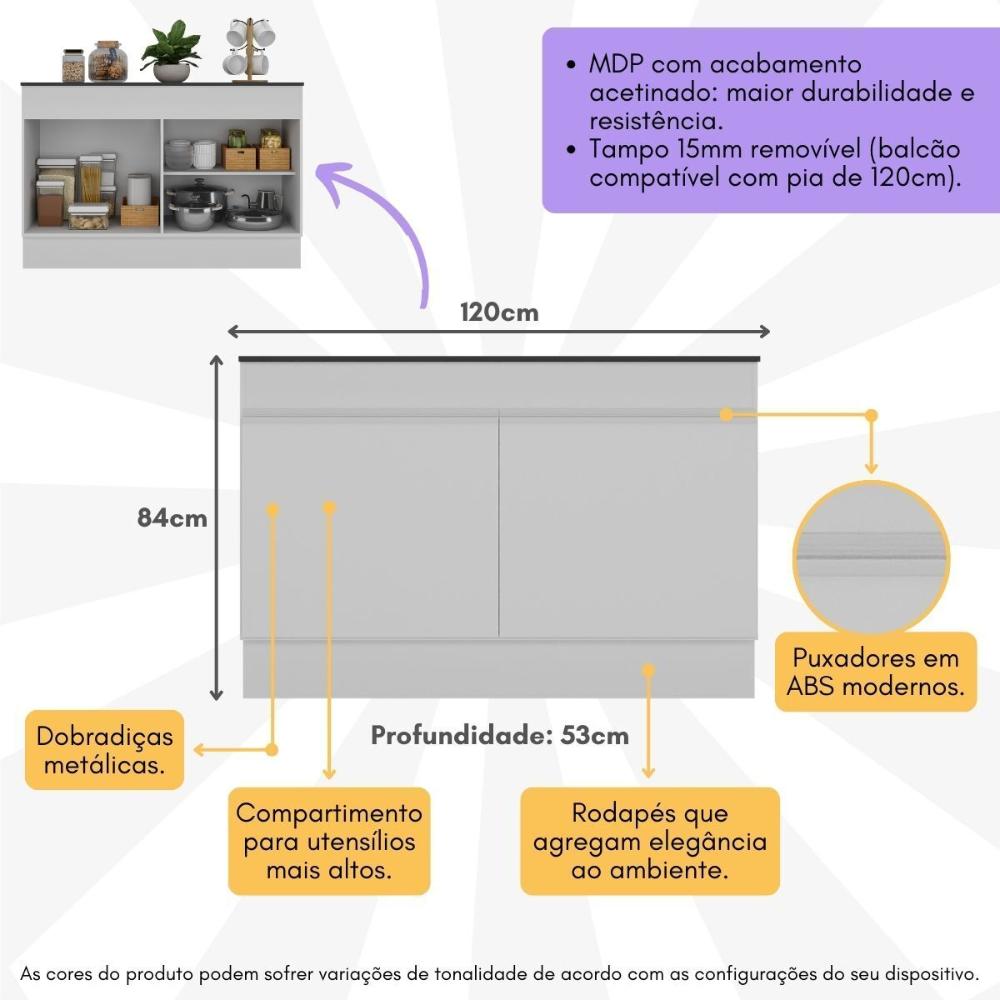 Balcão Cozinha Gabinete Pia 120cm 2 Portas com Rodapé Veneza Multimóveis MP2239 Branco