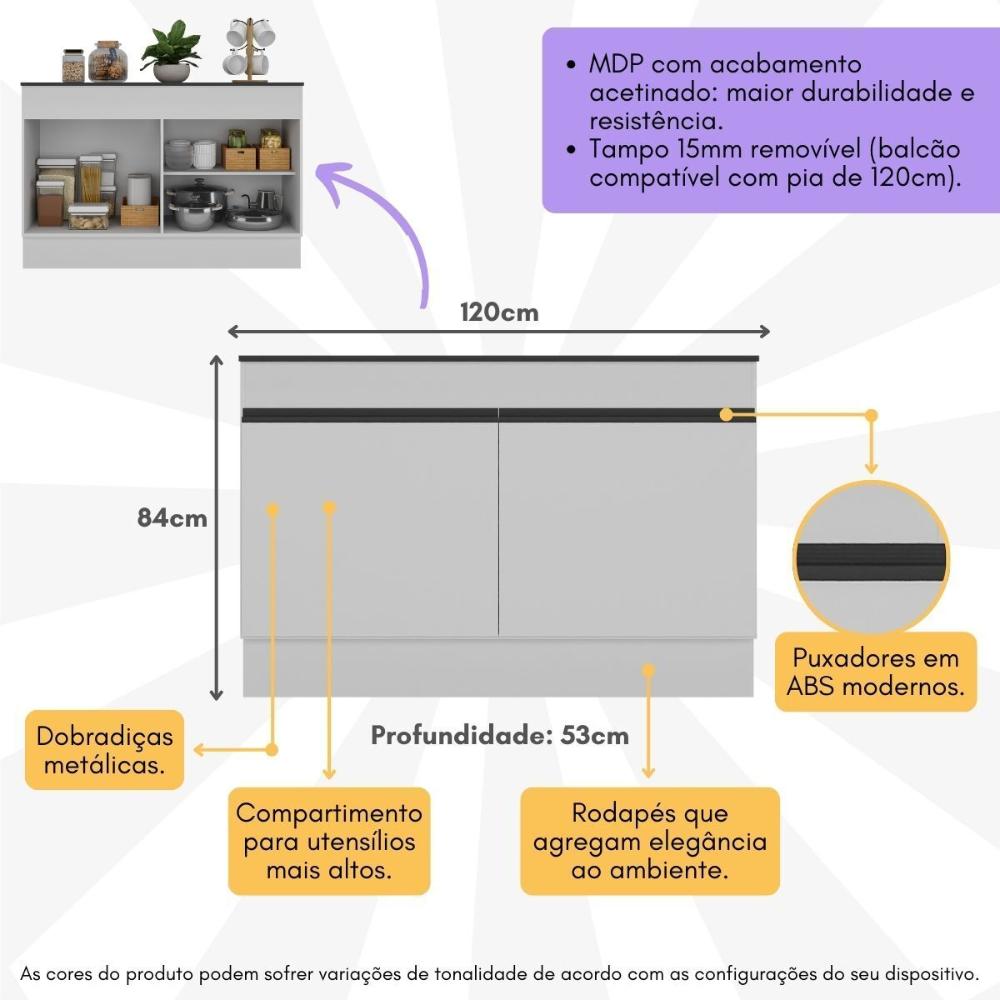 Balcão Cozinha Gabinete Pia 120cm 2 Portas com Rodapé Veneza Multimóveis MP2239 Branco/Preto