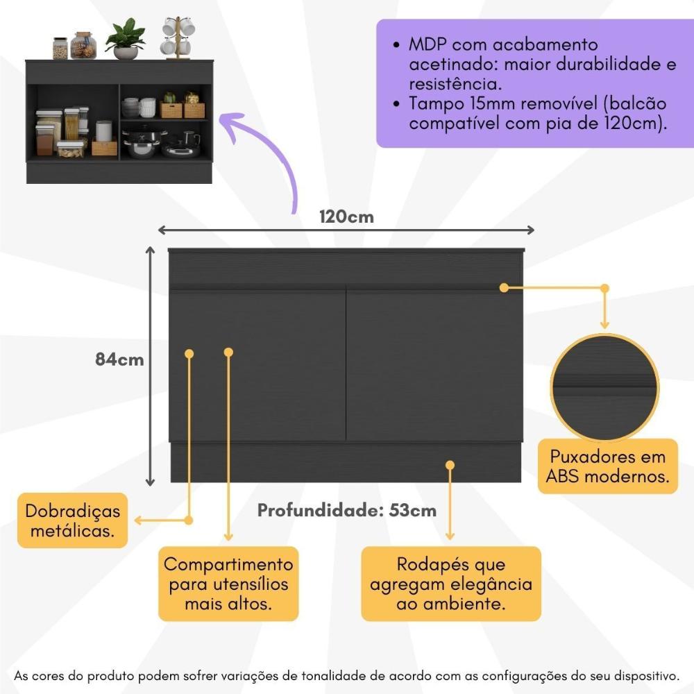 Balcão Cozinha Gabinete Pia 120cm 2 Portas com Rodapé Veneza Multimóveis MP2239 Preto