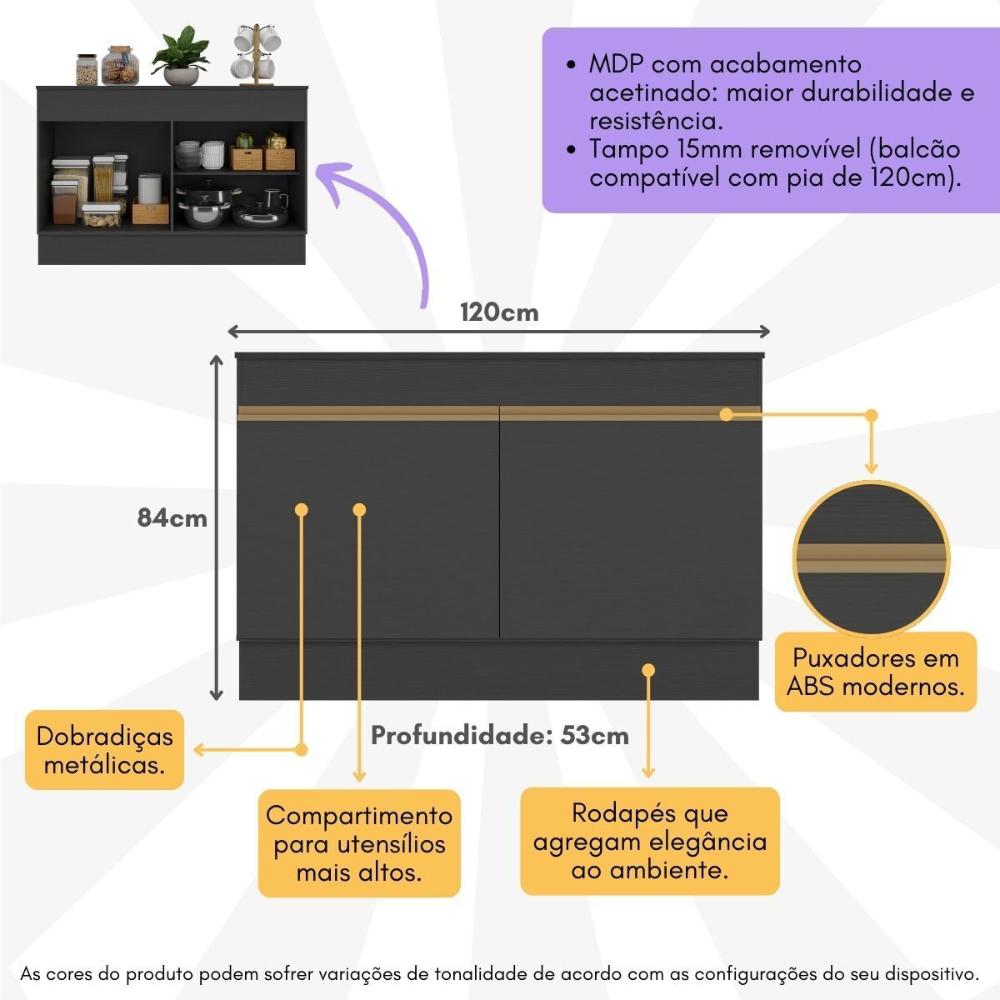 Balcão Cozinha Gabinete Pia 120cm 2 Portas com Rodapé Veneza Multimóveis MP2239 Preto/Dourado