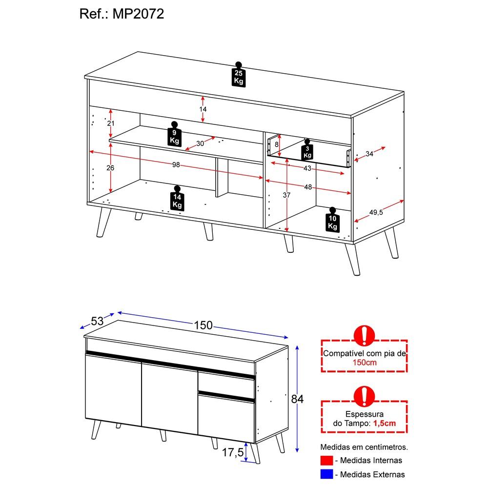 Balcão Cozinha Gabinete Pia 150 cm 3 Portas 1 Gaveta Veneza Multimóveis MP2072.898 Preto/Branco