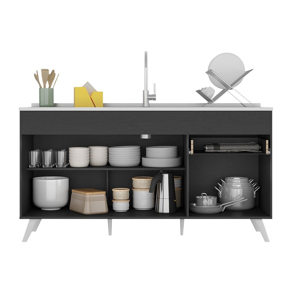 Balcão Cozinha Gabinete Pia 150 cm 3 Portas 1 Gaveta Veneza Multimóveis MP2072.898 Preto/Branco