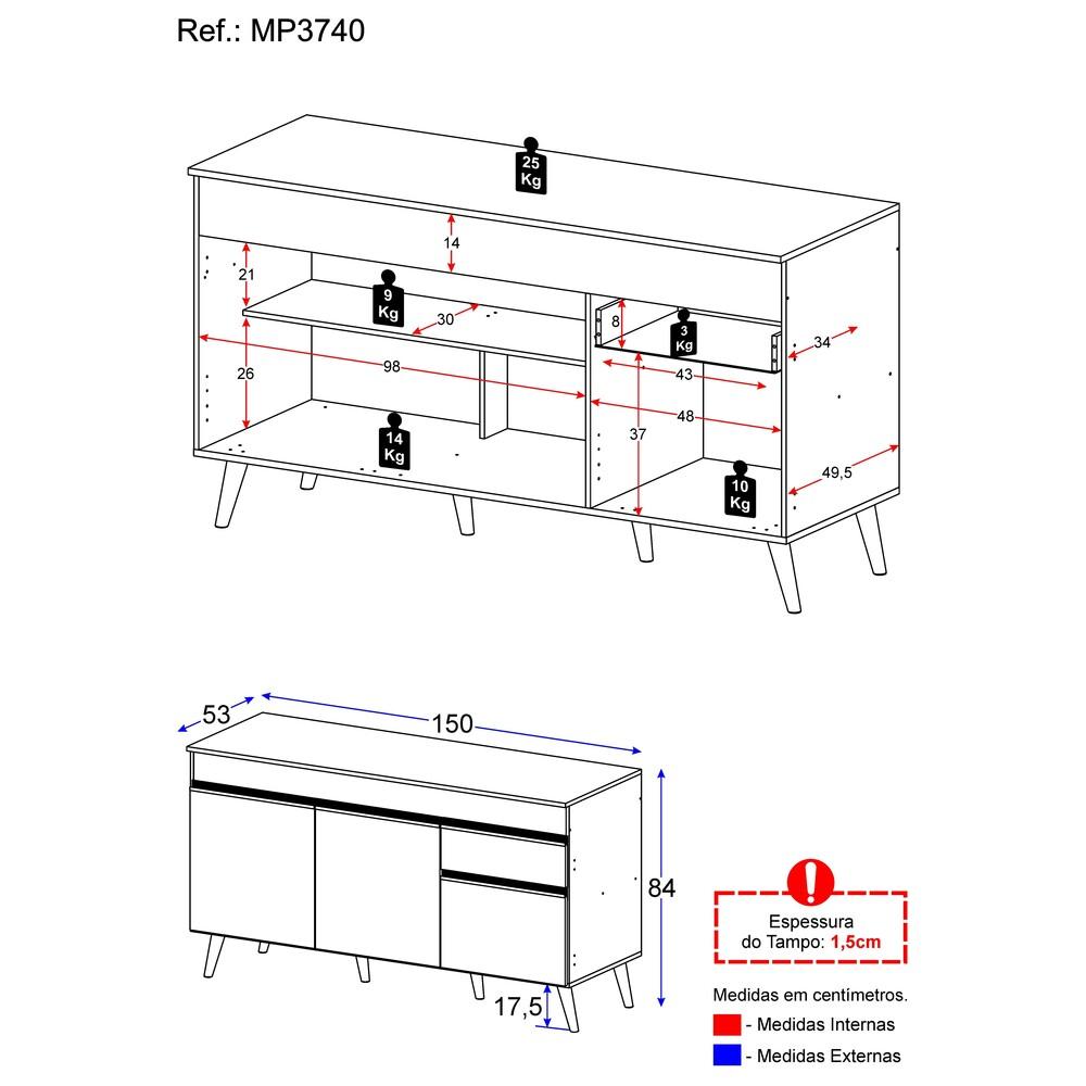 Balcão Cozinha Gabinete Pia 150 cm 3 Portas 1 Gaveta Veneza Multimóveis MP3740.891 Branco