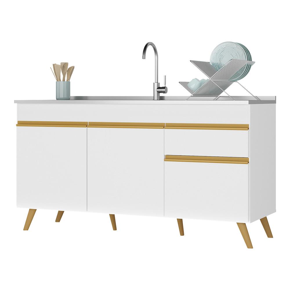 Balcão Cozinha Gabinete Pia 150cm 3 Portas 1 Gaveta Veneza Multimóveis V2072 Branco/Dourado