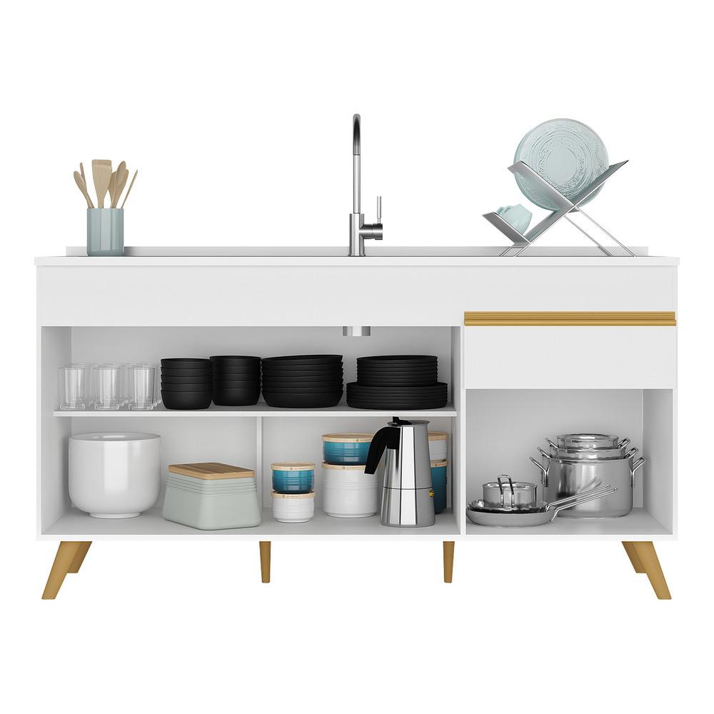 Balcão Cozinha Gabinete Pia 150cm 3 Portas 1 Gaveta Veneza Multimóveis V2072 Branco/Dourado