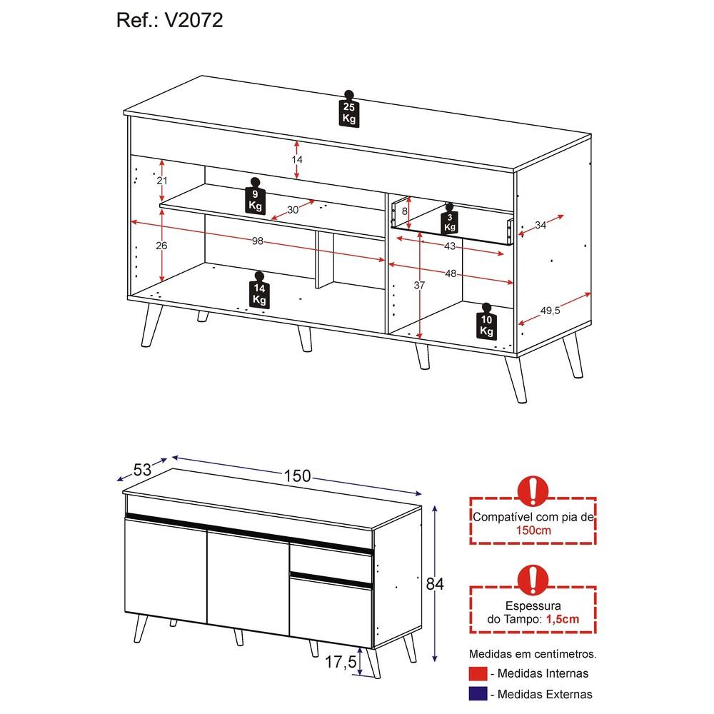 Balcão Cozinha Gabinete Pia 150cm 3 Portas 1 Gaveta Veneza Multimóveis V2072 Preto/Branco