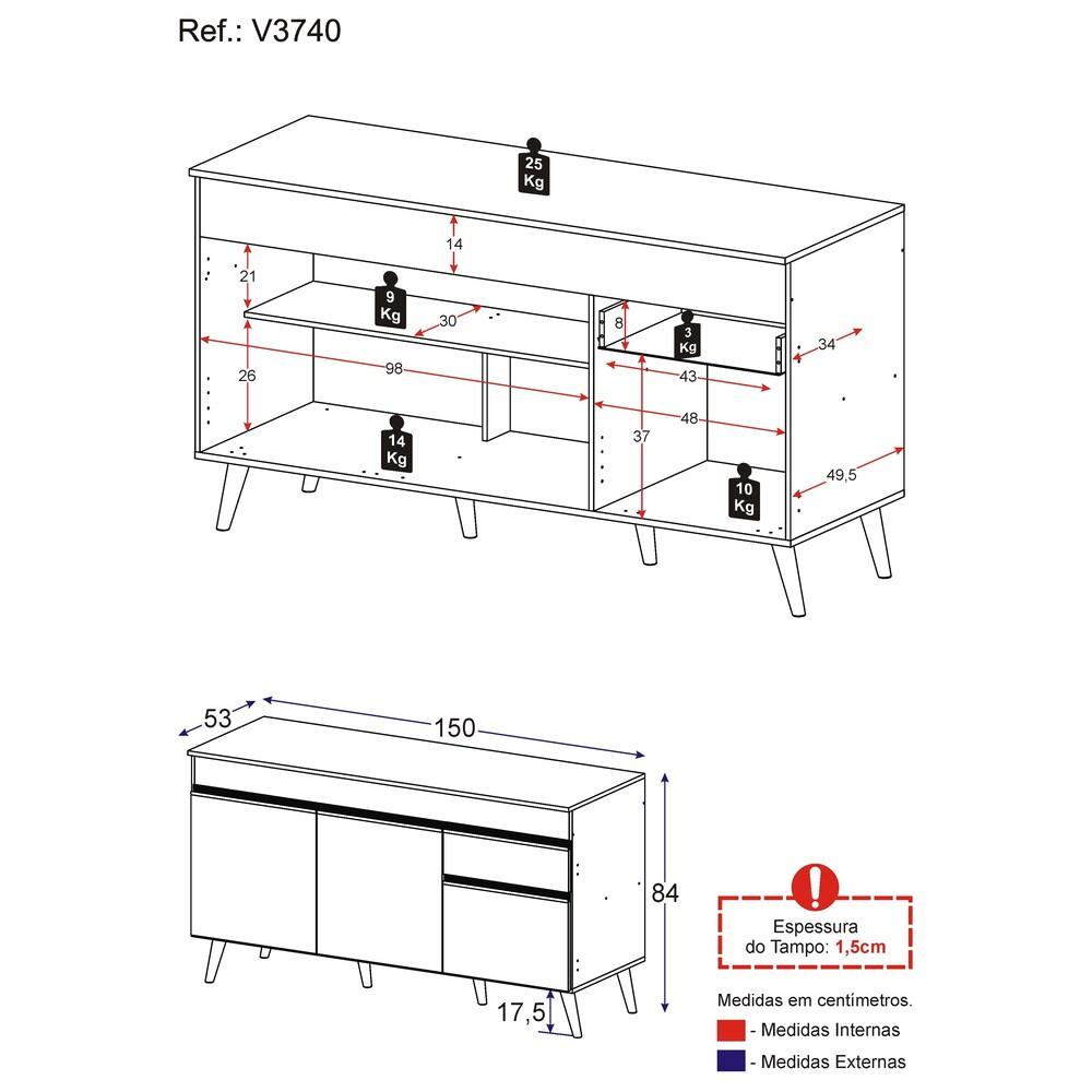 Balcão Cozinha Gabinete Pia 150cm 3 Portas 1 Gaveta Veneza Multimóveis V3740 Preto/Dourado