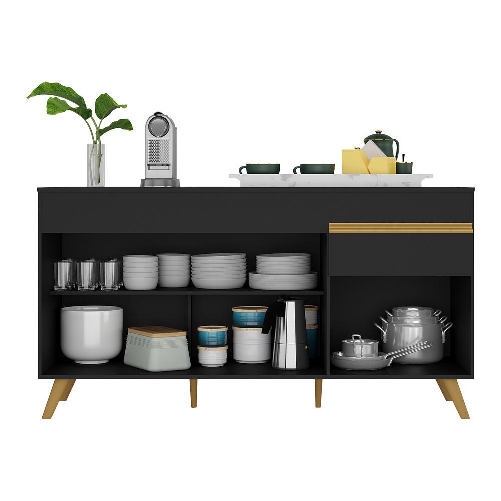 Balcão Cozinha Gabinete Pia 150cm 3 Portas 1 Gaveta Veneza Multimóveis V3740 Preto/Dourado