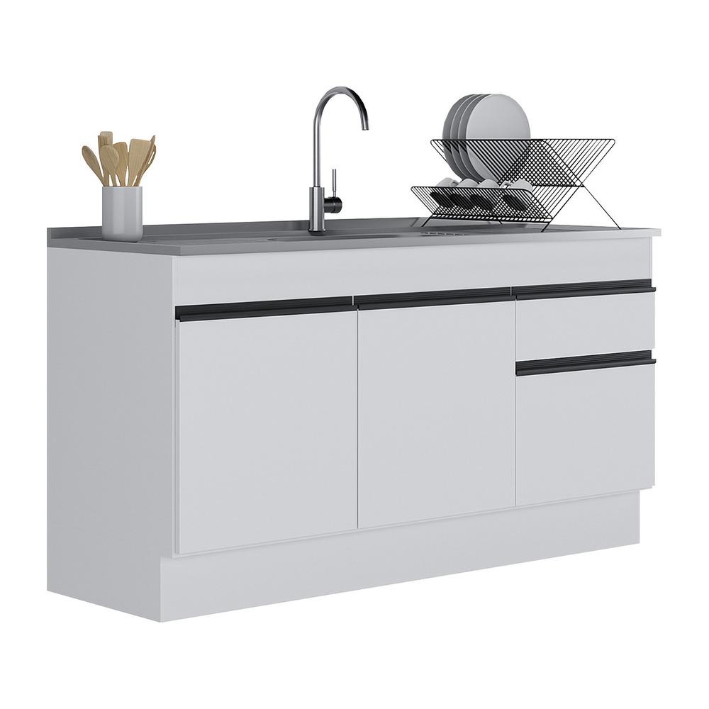 Balcão Cozinha Gabinete Pia 150cm com Rodapé 3 Portas 1 Gaveta Veneza Multimóveis V2115 Branco/Preto