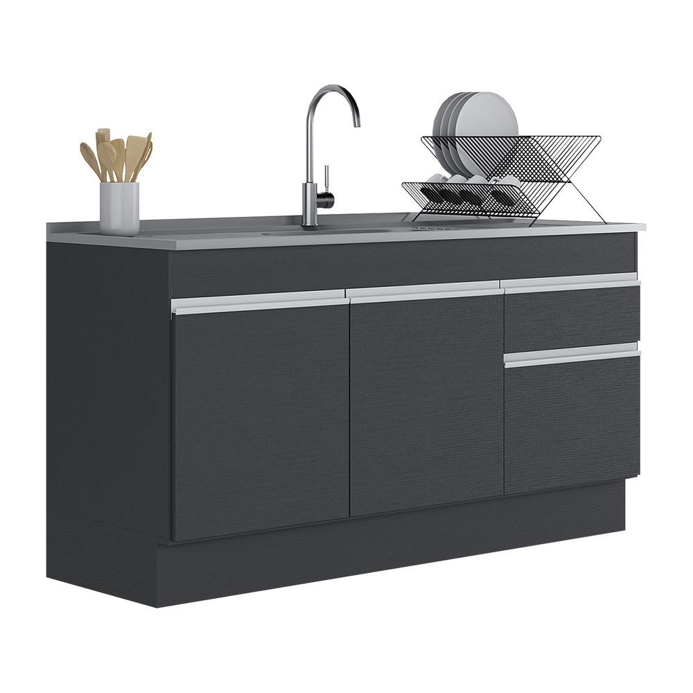Balcão Cozinha Gabinete Pia 150cm com Rodapé 3 Portas 1 Gaveta Veneza Multimóveis V2115 Preto/Branco