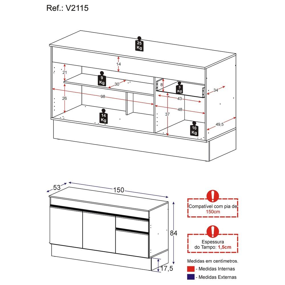 Balcão Cozinha Gabinete Pia 150cm com Rodapé 3 Portas 1 Gaveta Veneza Multimóveis V2115 Preto/Branco