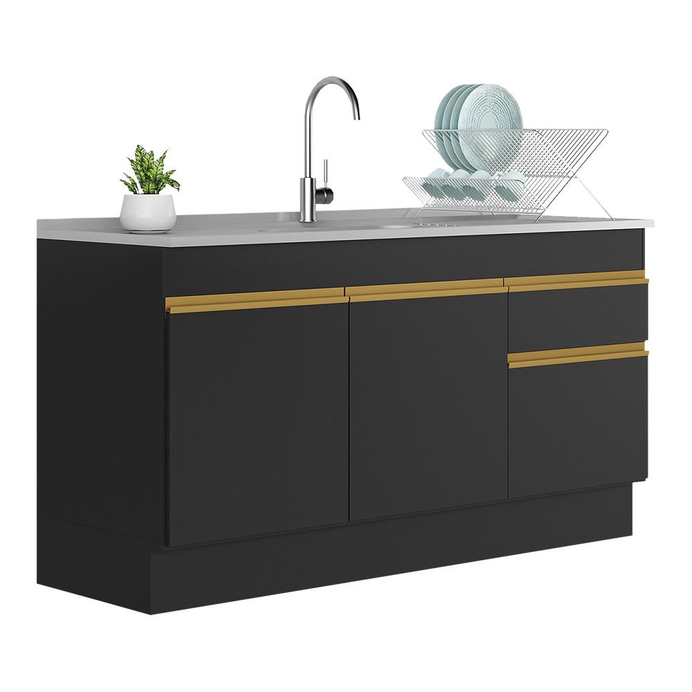 Balcão Cozinha Gabinete Pia 150cm com Rodapé 3 Portas 1 Gaveta Veneza Multimóveis V2115 Preto/Dourado