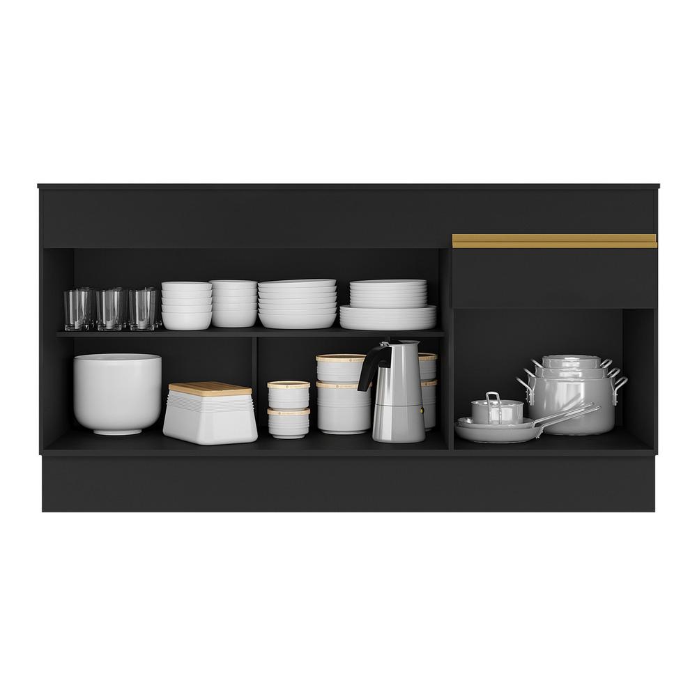 Balcão Cozinha Gabinete Pia 150cm com Rodapé 3 Portas 1 Gaveta Veneza Multimóveis V2115 Preto/Dourado