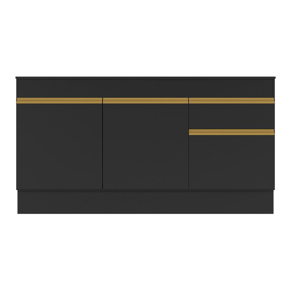 Balcão Cozinha Gabinete Pia 150cm com Rodapé 3 Portas 1 Gaveta Veneza Multimóveis V2115 Preto/Dourado