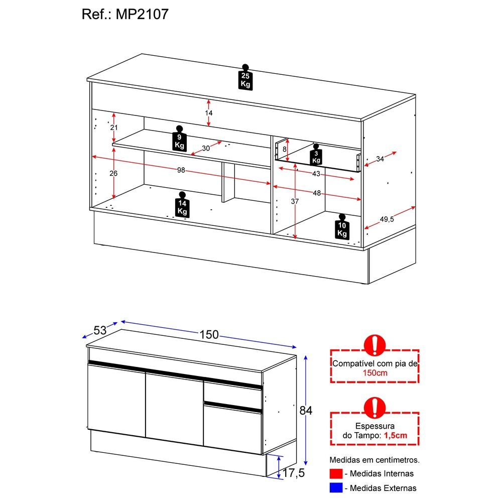 Balcão Cozinha c/ Rodapé Gabinete Pia 150cm 3 Ptas 1 Gav Veneza Multimóveis MP2107.964 Branco/Preto