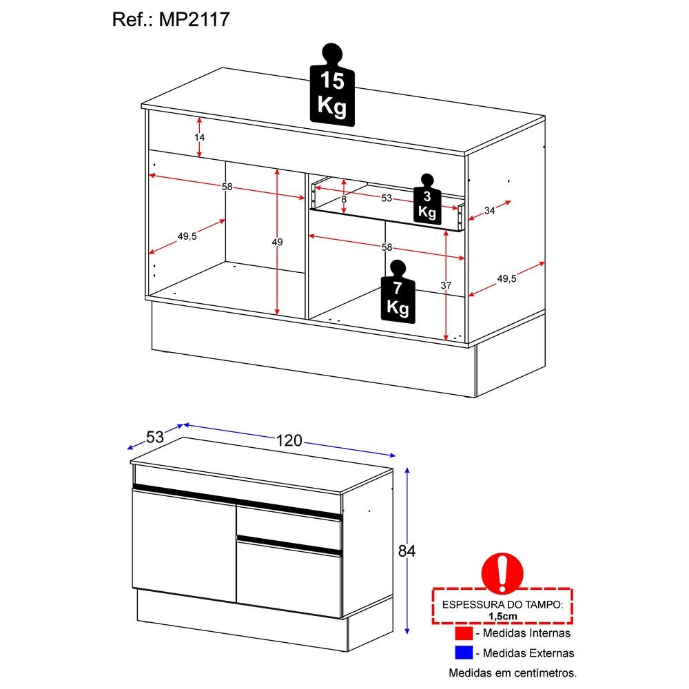 Balcão Cozinha com Rodapé Gabinete Pia 120 cm 2 Portas 1 Gaveta Veneza Multimóveis MP2117.895 Preto