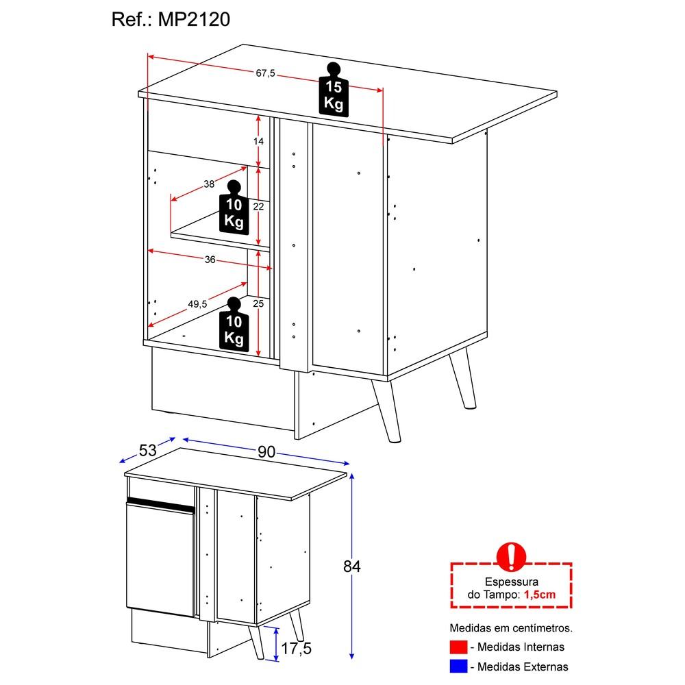 Balcão Cozinha com Rodapé de Canto 1 Porta Veneza Multimóveis MP2120.964 Branco/Preto