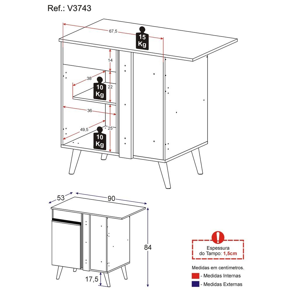 Balcão Cozinha de Canto 1 Porta Veneza Multimóveis V3743 Preto/Branco