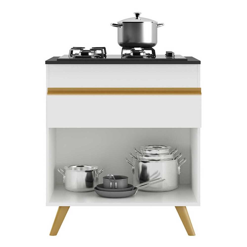 Balcão Cozinha para Cooktop 70cm 1 Porta 1 Gaveta Veneza Multimóveis V3706 Branco/Dourado