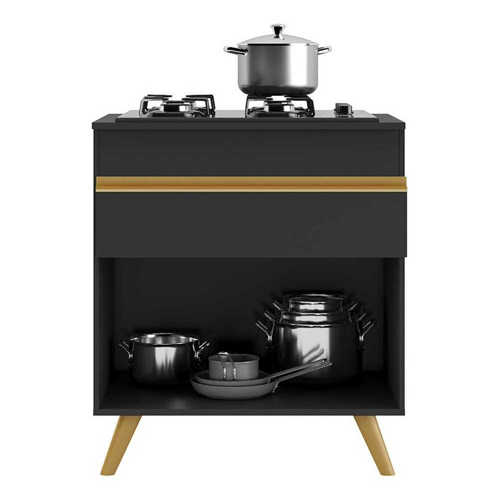 Balcão Cozinha para Cooktop 70cm 1 Porta 1 Gaveta Veneza Multimóveis V3706 Preto/Dourado