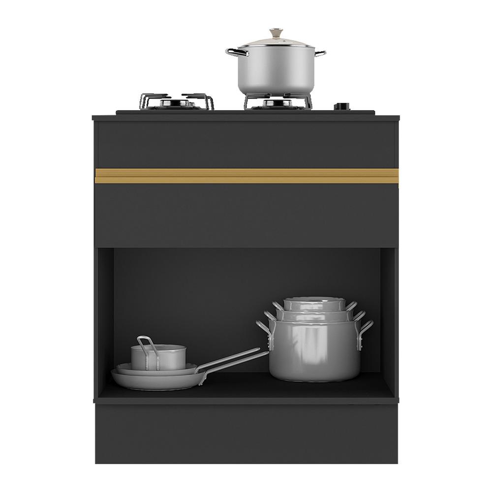 Balcão Cozinha para Cooktop 70cm com Rodapé  1 Porta 1 Gaveta Veneza Multimóveis V2118 Preto/Dourado