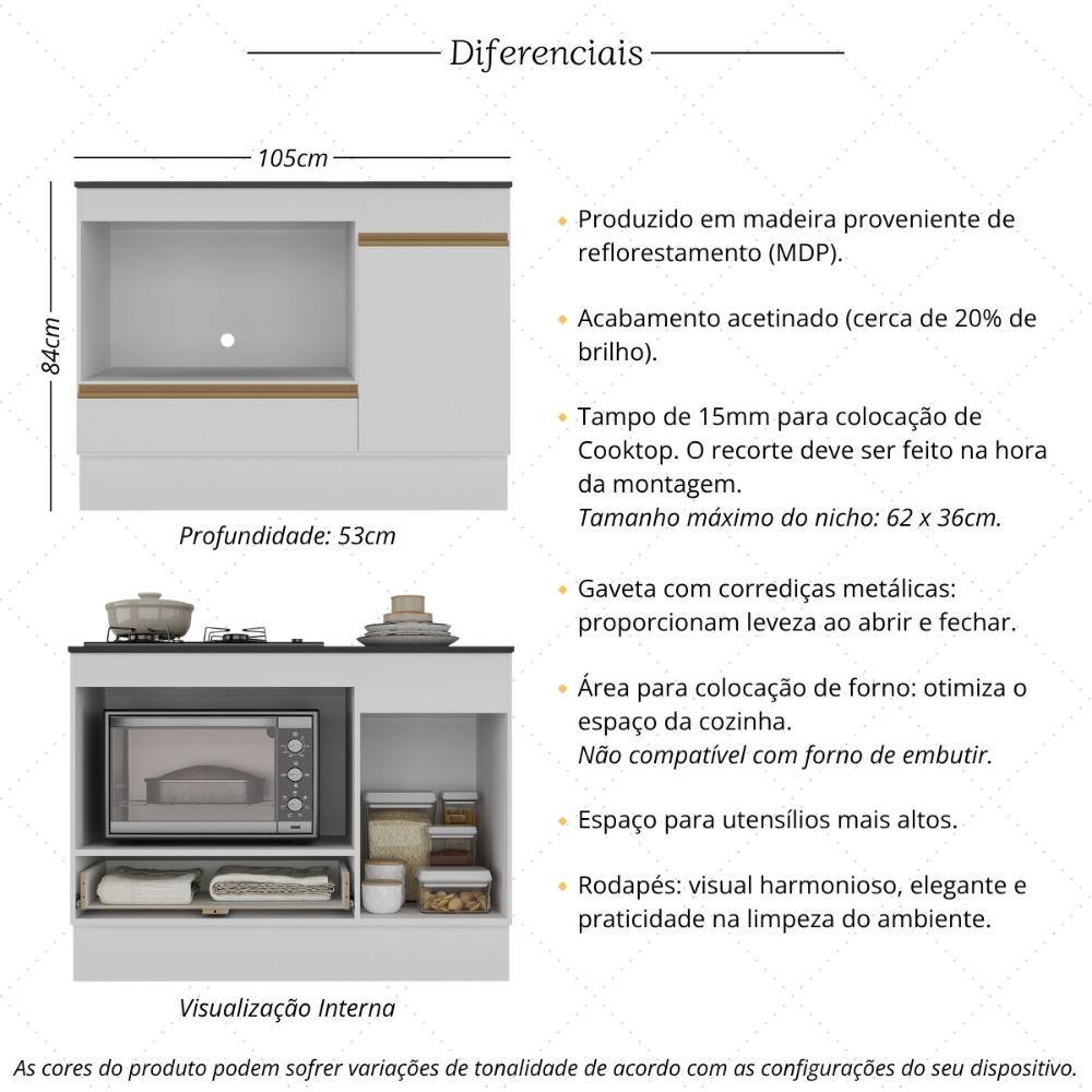 Balcão Cozinha para Cooktop e Forno 105cm 1 Porta 1 Gaveta com Rodapé Veneza Multimóveis MP2295 Branco/Dourado