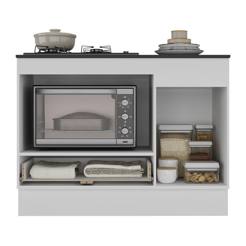 Balcão Cozinha para Cooktop e Forno 105cm 1 Porta 1 Gaveta com Rodapé Veneza Multimóveis MP2295 Branco/Dourado