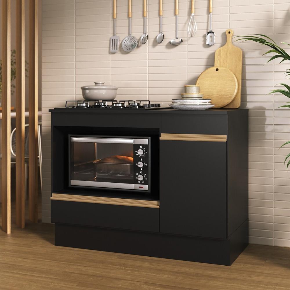 Balcão Cozinha para Cooktop e Forno 105cm 1 Porta 1 Gaveta com Rodapé Veneza Multimóveis MP2295 Preto/Dourado