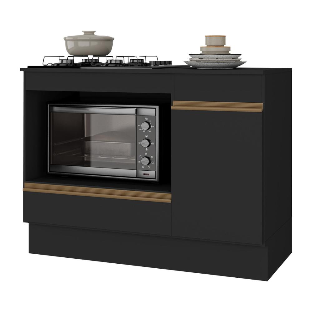 Balcão Cozinha para Cooktop e Forno 105cm 1 Porta 1 Gaveta com Rodapé Veneza Multimóveis MP2295 Preto/Dourado