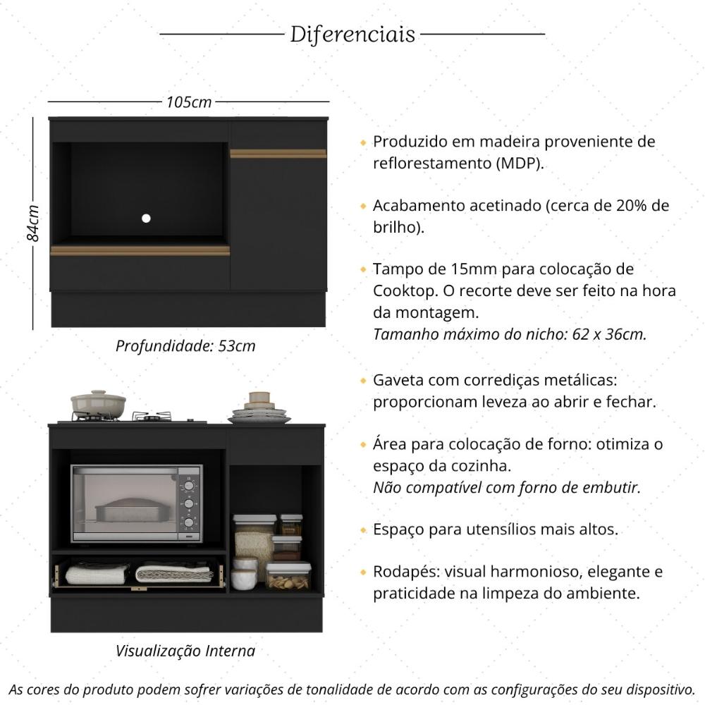 Balcão Cozinha para Cooktop e Forno 105cm 1 Porta 1 Gaveta com Rodapé Veneza Multimóveis MP2295 Preto/Dourado