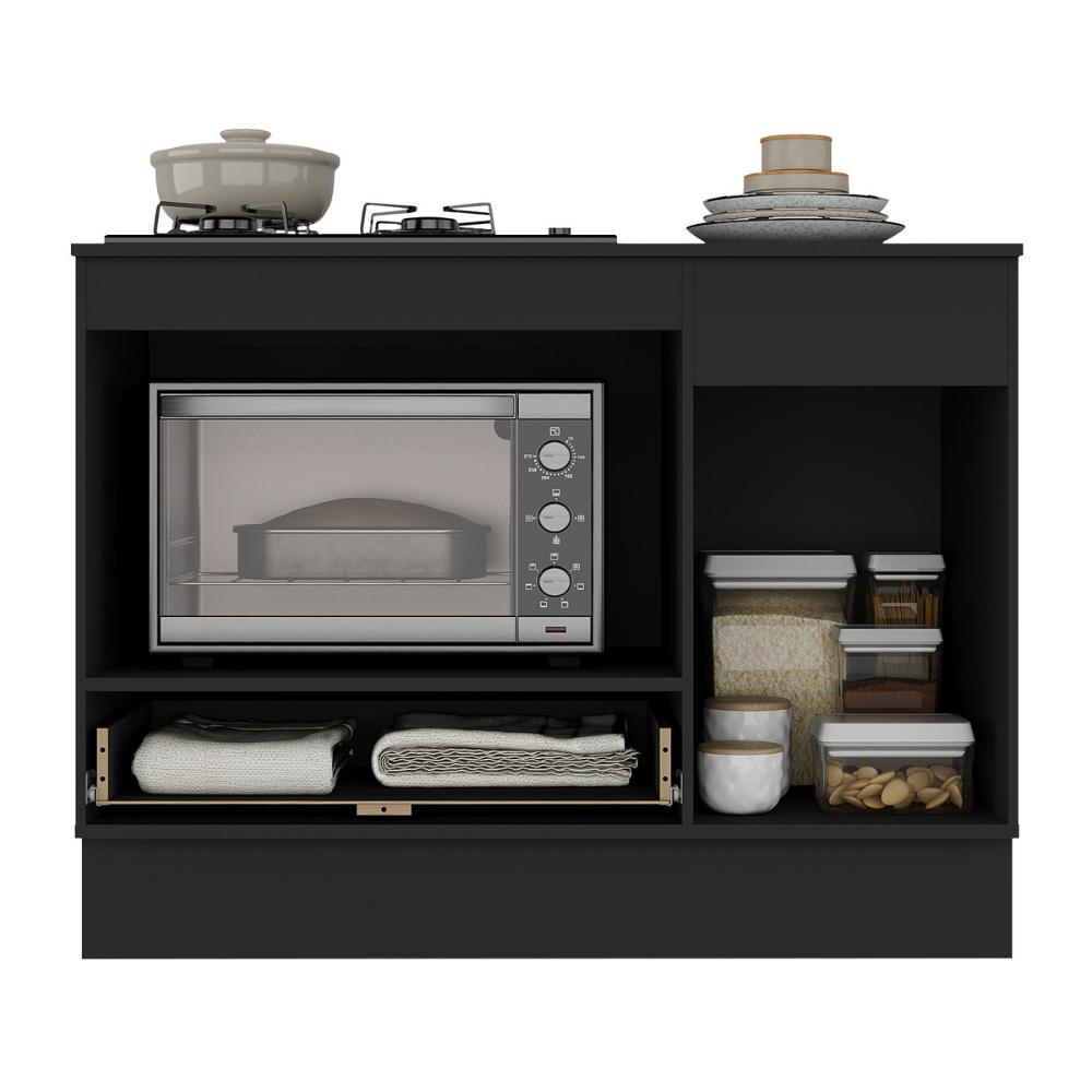 Balcão Cozinha para Cooktop e Forno 105cm 1 Porta 1 Gaveta com Rodapé Veneza Multimóveis MP2295 Preto/Dourado