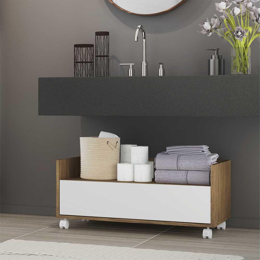 Balcão Gabinete Banheiro com Rodízios 80cm Multimóveis V2608 Rustic/Branco