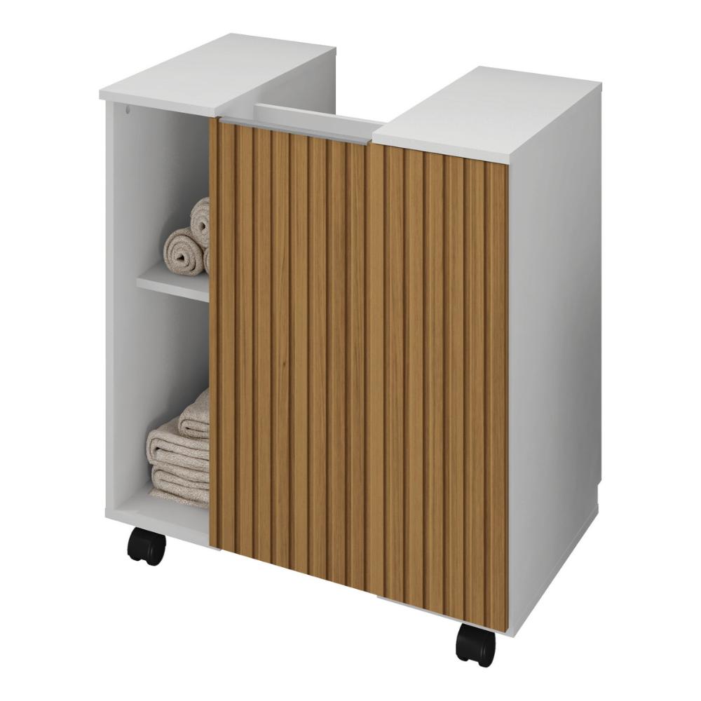 Balcão Gabinete de Banheiro com 1 Porta e Rodízios 55,3cm Multimóveis CR10129 Branco/Ripado