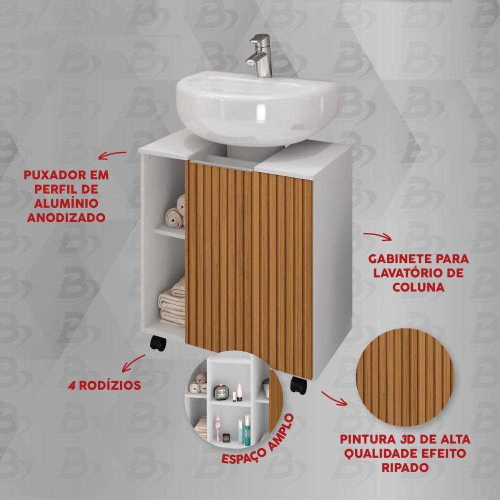 Balcão Gabinete de Banheiro com 1 Porta e Rodízios 55,3cm Multimóveis CR10129 Branco/Ripado