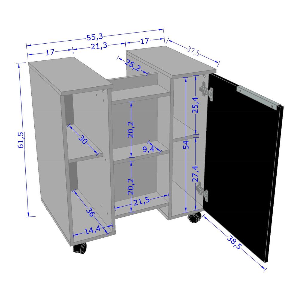 Balcão Gabinete de Banheiro com 1 Porta e Rodízios 55,3cm Multimóveis CR10129 Branco/Ripado