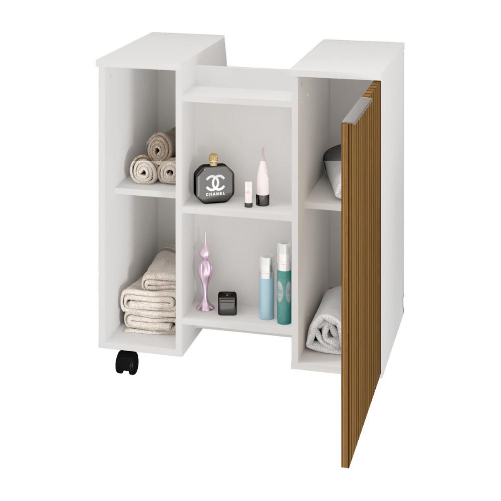 Balcão Gabinete de Banheiro com 1 Porta e Rodízios 55,3cm Multimóveis CR10129 Branco/Ripado