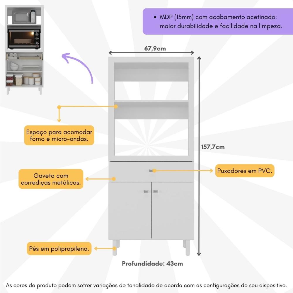 Balcão Multiuso 67,9cm 2 Portas 1 Gaveta para Forno e Micro-ondas Multimóveis CR20344 Branco