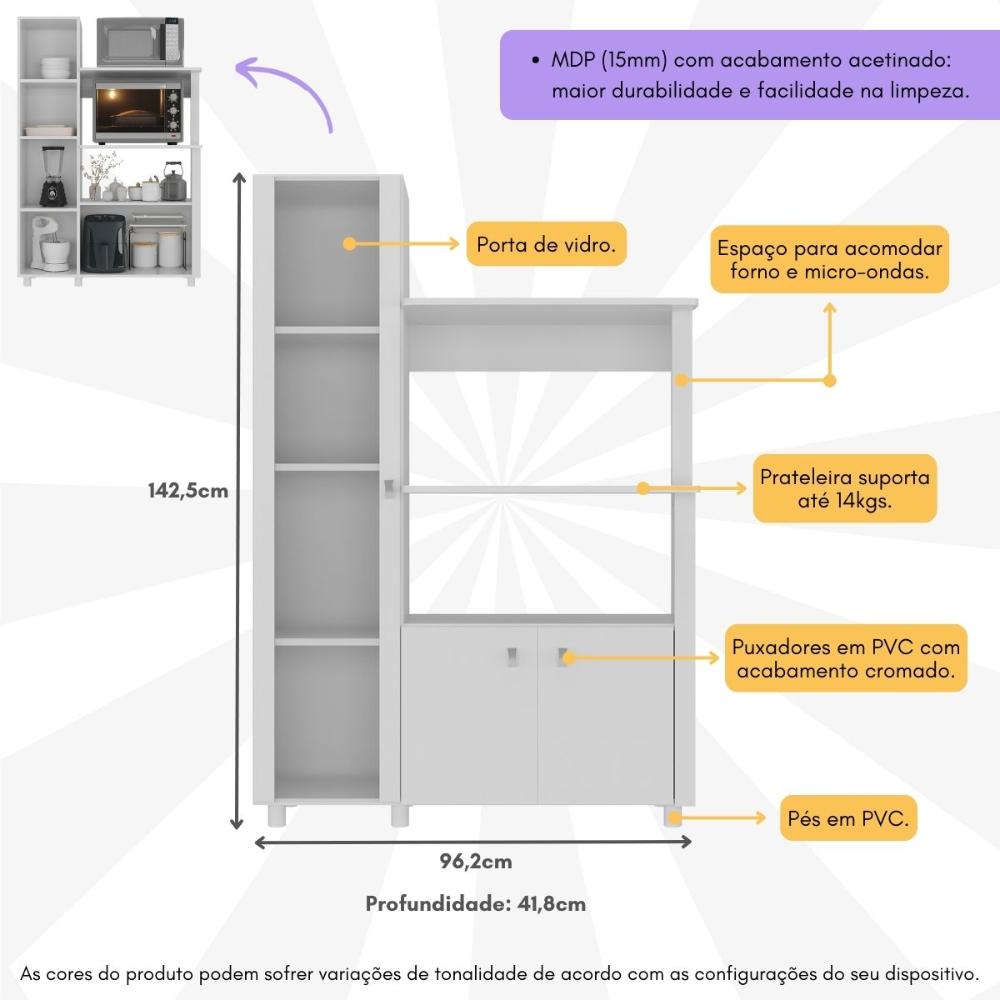 Balcão Multiuso 96,2cm com Vidro 3 Portas para Forno e Micro-ondas Multimóveis CR20343 Branco