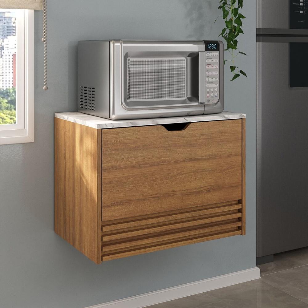 Balcão Suspenso para Forno/Micro-ondas 1 Porta e 1 Gaveta Multimóveis CR20345 Amêndoa/Mármore Branco