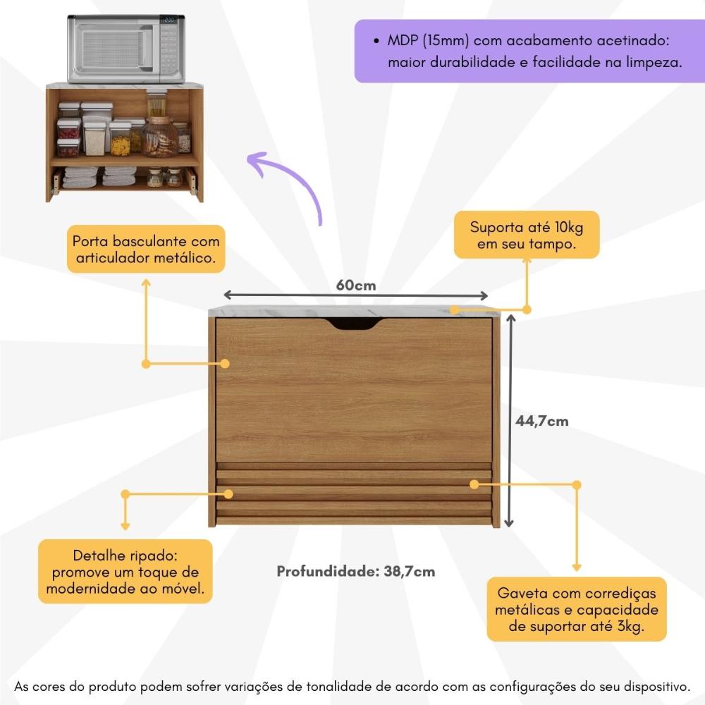 Balcão Suspenso para Forno/Micro-ondas 1 Porta e 1 Gaveta Multimóveis CR20345 Amêndoa/Mármore Branco