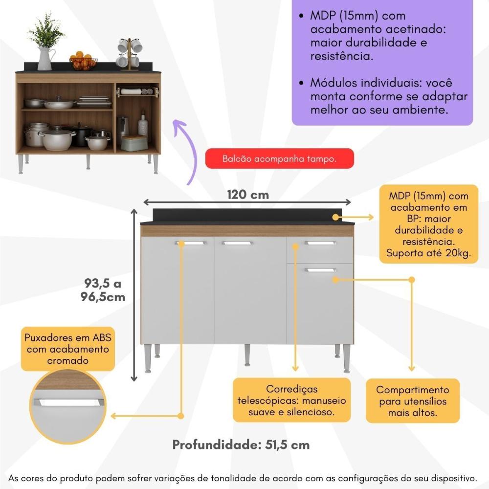 Balcão de Cozinha 120cm Gabinete para Pia Paris Multimóveis MP2233 Rustic/Branco