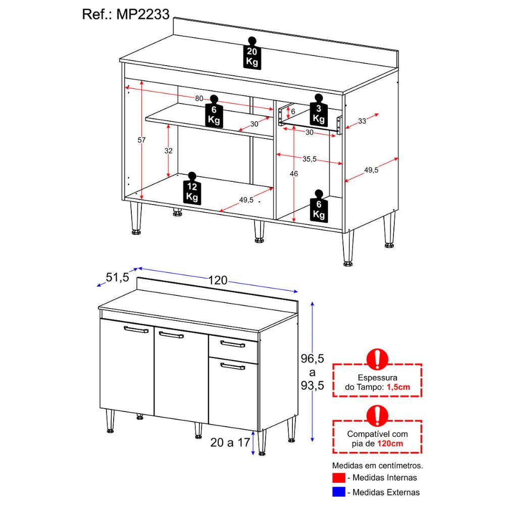 Balcão de Cozinha 120cm Gabinete para Pia Paris Multimóveis MP2233 Rustic/Branco