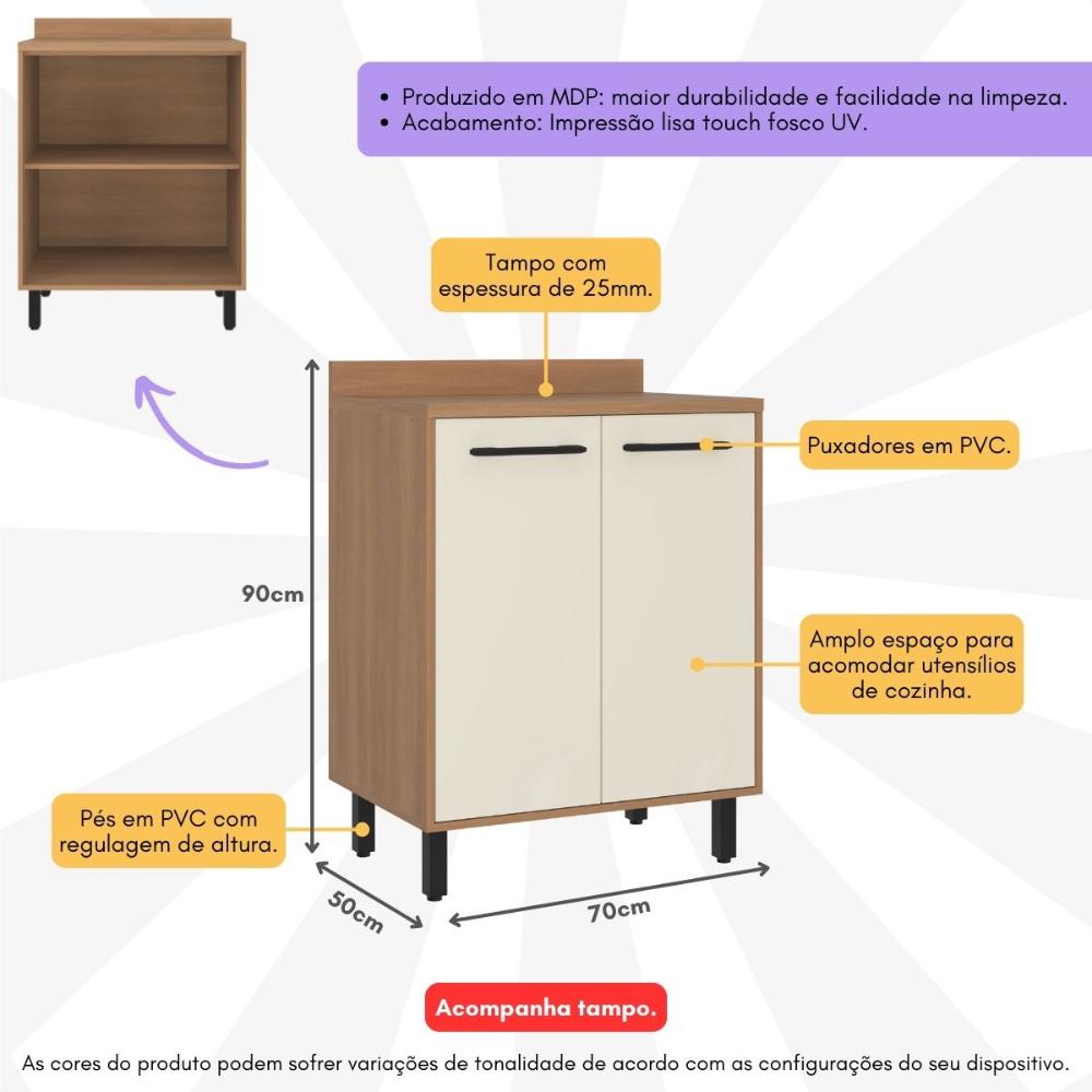 Balcão de Cozinha 70cm para Cooktop com Tampo e 2 Portas Havana Multimóveis CR20309 Rovere/Champanhe