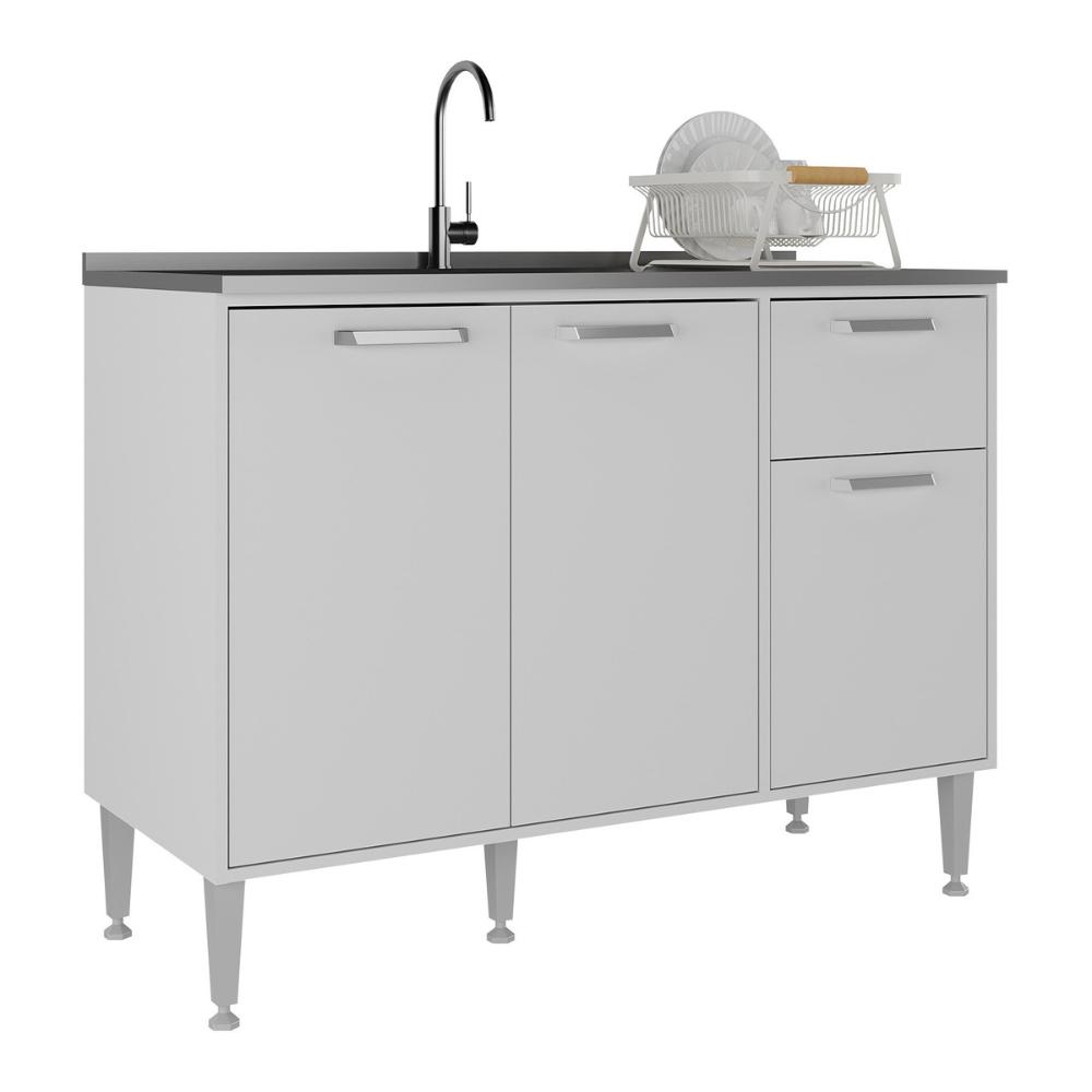 Balcão de Cozinha Gabinete Pia 105cm 3 Portas 1 Gaveta Siena Multimóveis MP2190 Branco Branco