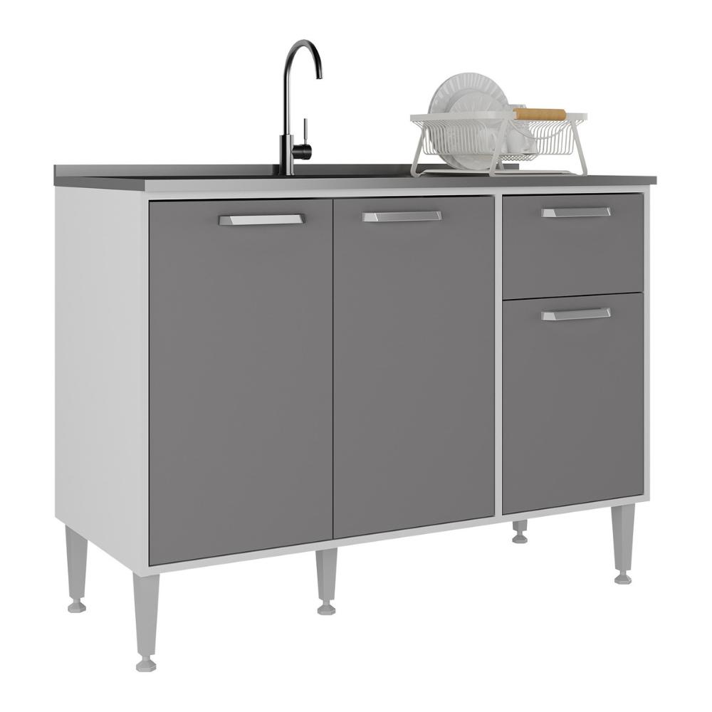Balcão de Cozinha Gabinete Pia 105cm 3 Portas 1 Gaveta Siena Multimóveis MP2190 Branco Branco/Lacca Fumê