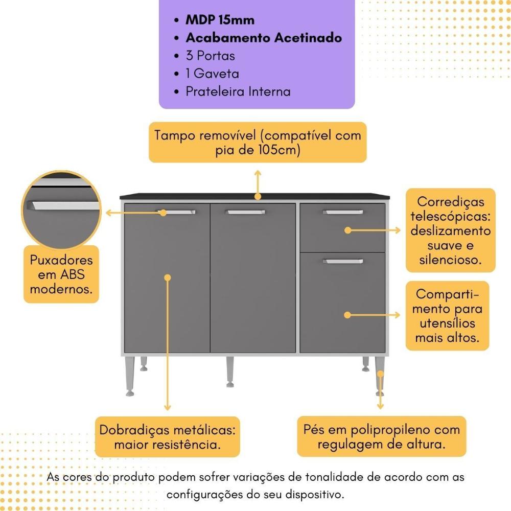 Balcão de Cozinha Gabinete Pia 105cm 3 Portas 1 Gaveta Siena Multimóveis MP2190 Branco Branco/Lacca Fumê