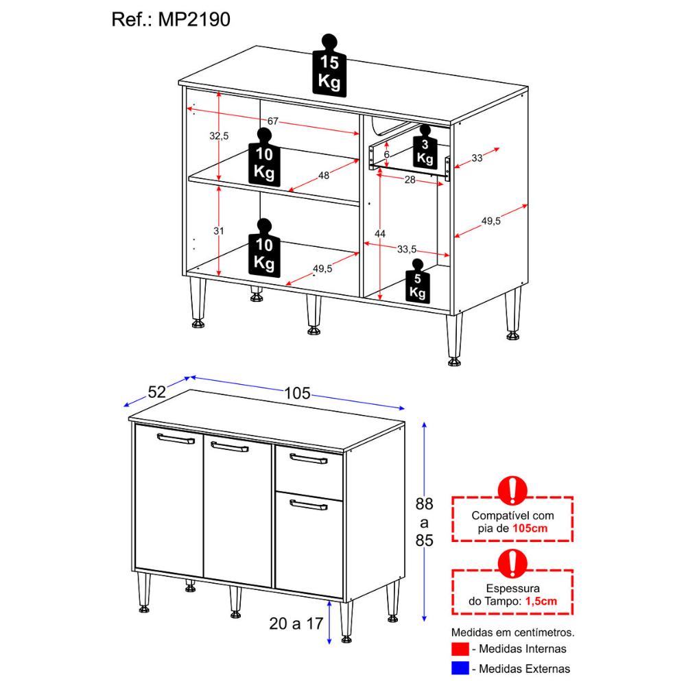 Balcão de Cozinha Gabinete Pia 105cm 3 Portas 1 Gaveta Siena Multimóveis MP2190 Branco Branco/Lacca Fumê